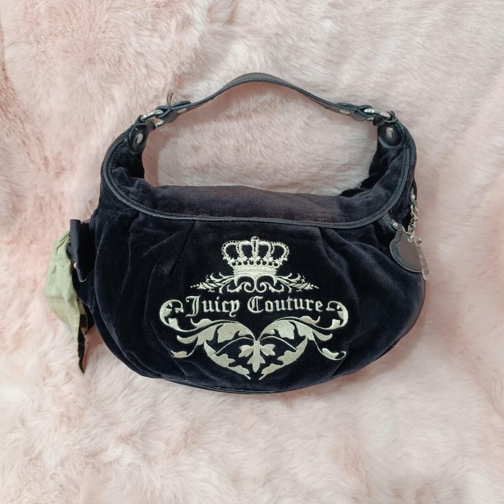 Juicy Couture Vintage Spell Out Logo Velour Hobo Bag Purse Charm Bow Ribbon Y2k